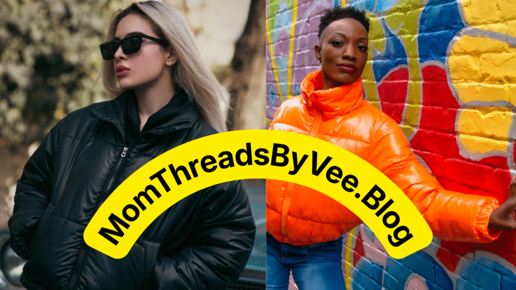 mom wearing puffer jacket with fleece-lined leggings