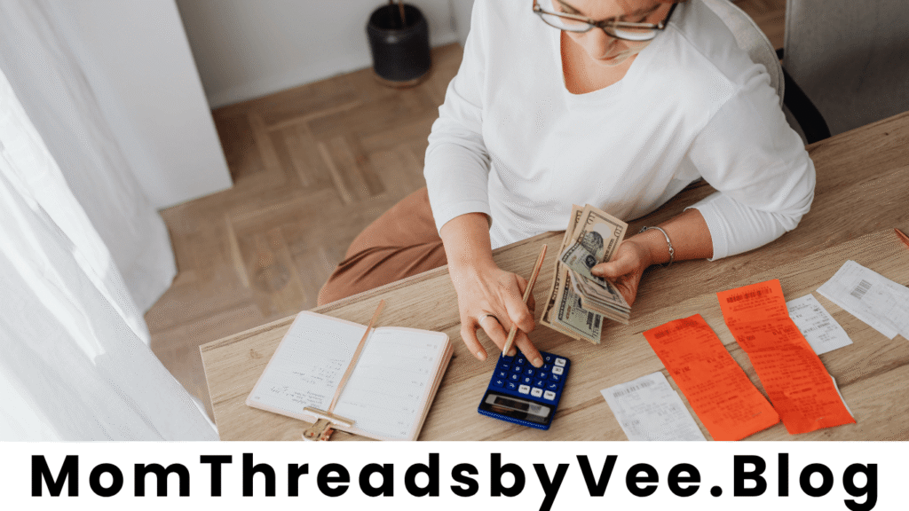 Busy mom creating a family budget while managing children at home.