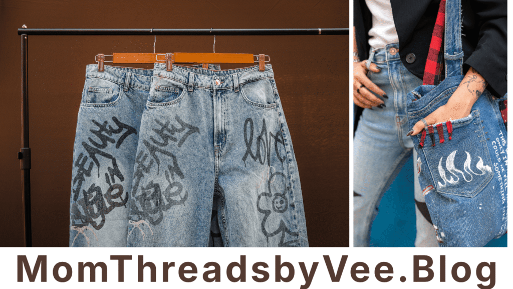Senior spirit jeans with words, personalized painted lettering and characters.