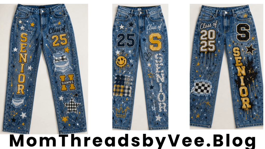 Blue senior spirit jeans with colorful paint splatters and hand-painted designs
