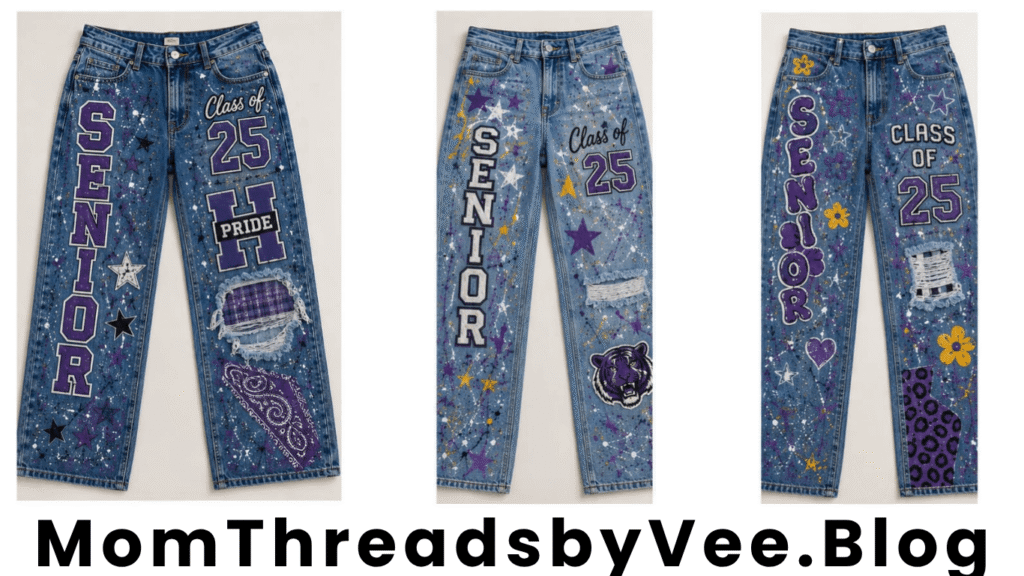 Customized senior spirit jeans decorated with paint, patches, lettering, and school-inspired details