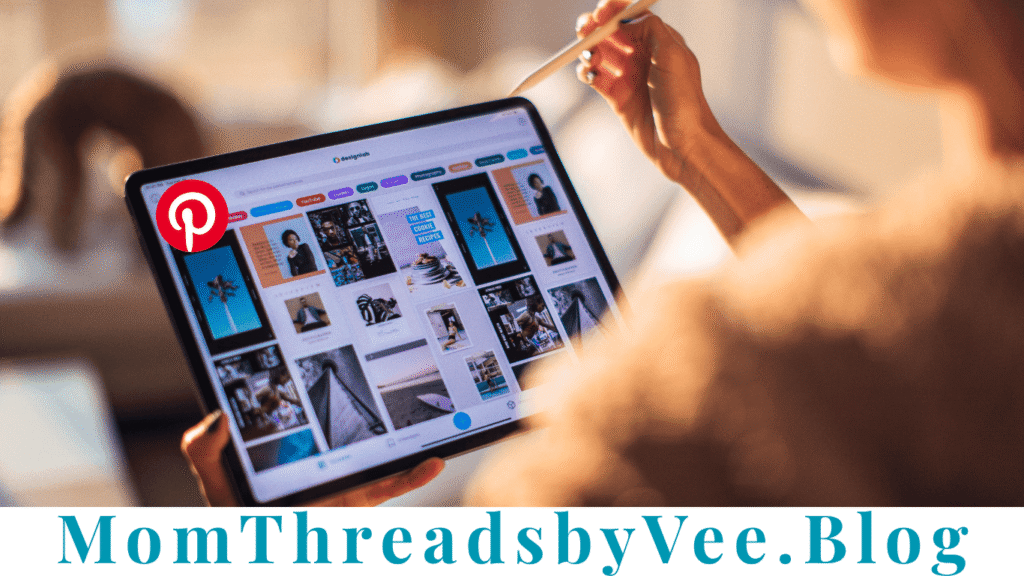 Blogger using Pinterest research to find content ideas and plan blog posts
